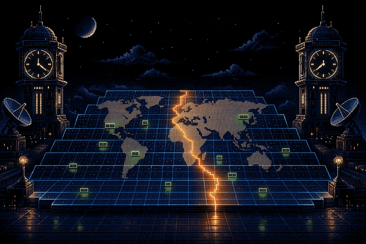 Pixel-art observatory with two clock towers and an amber daylight-saving boundary crossing a world-time grid